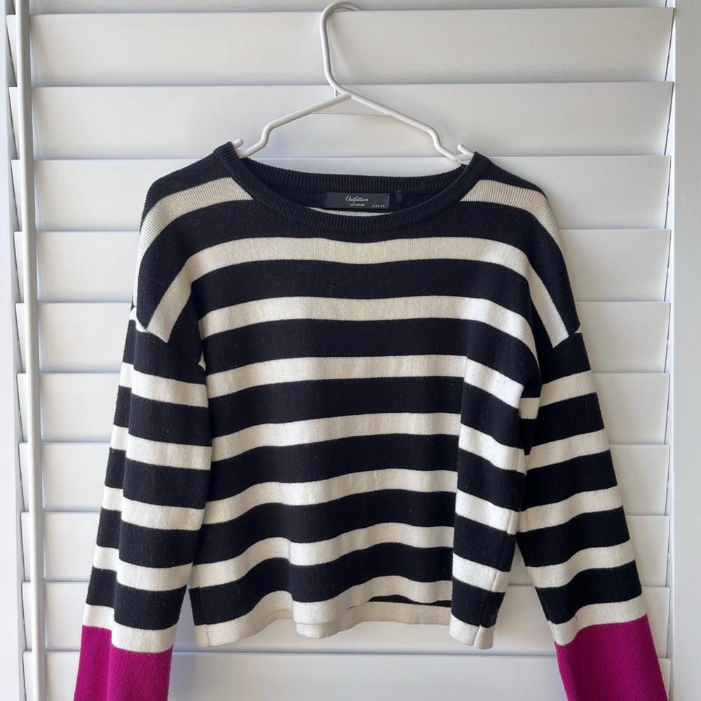 Striped Black and White Sweater with Pink Accents